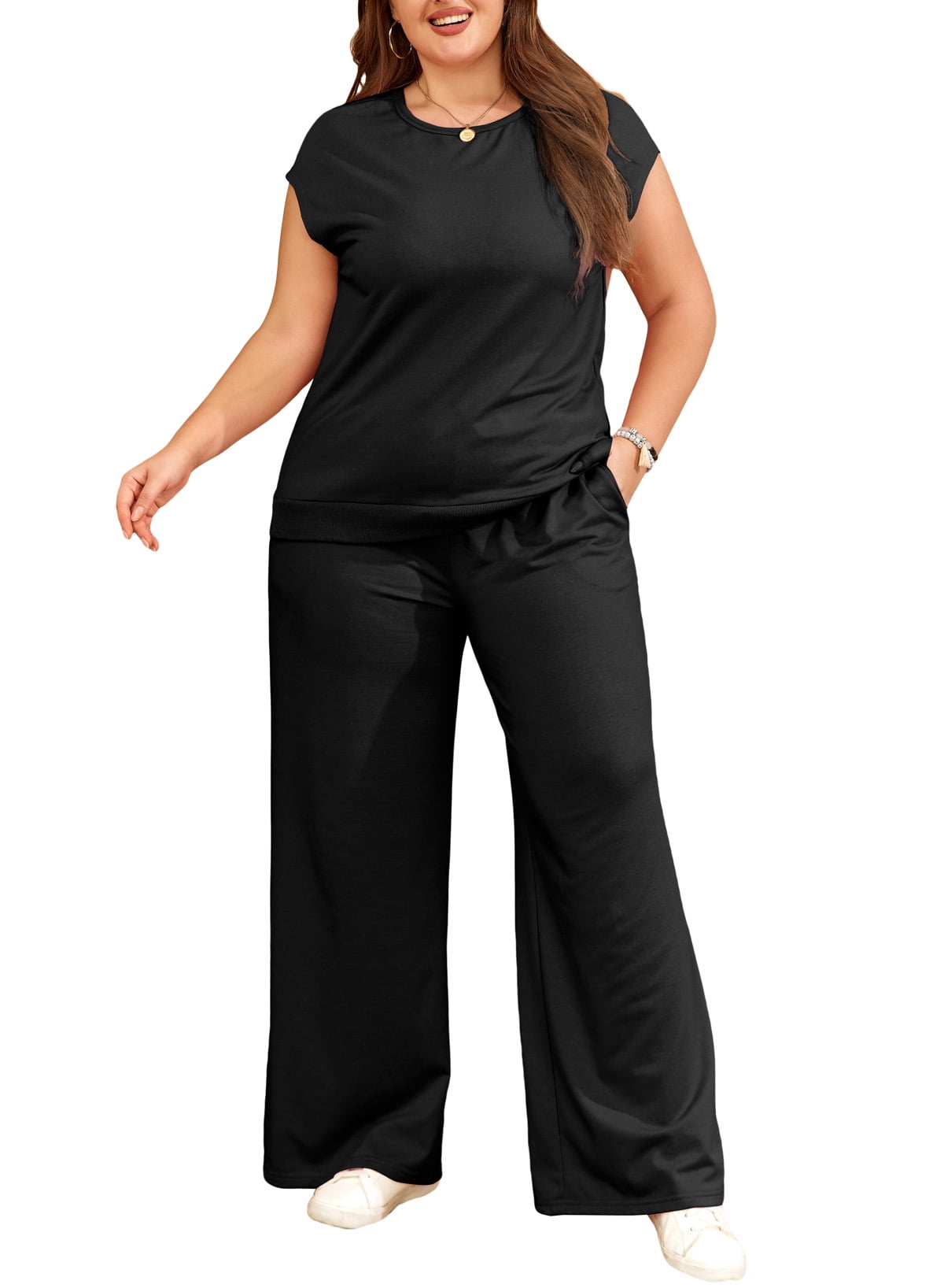 SHEWIN Women's Two Piece Outfits for Women Plus Size Casual Crew Neck Sweatsuits Set Summer Jogger Set